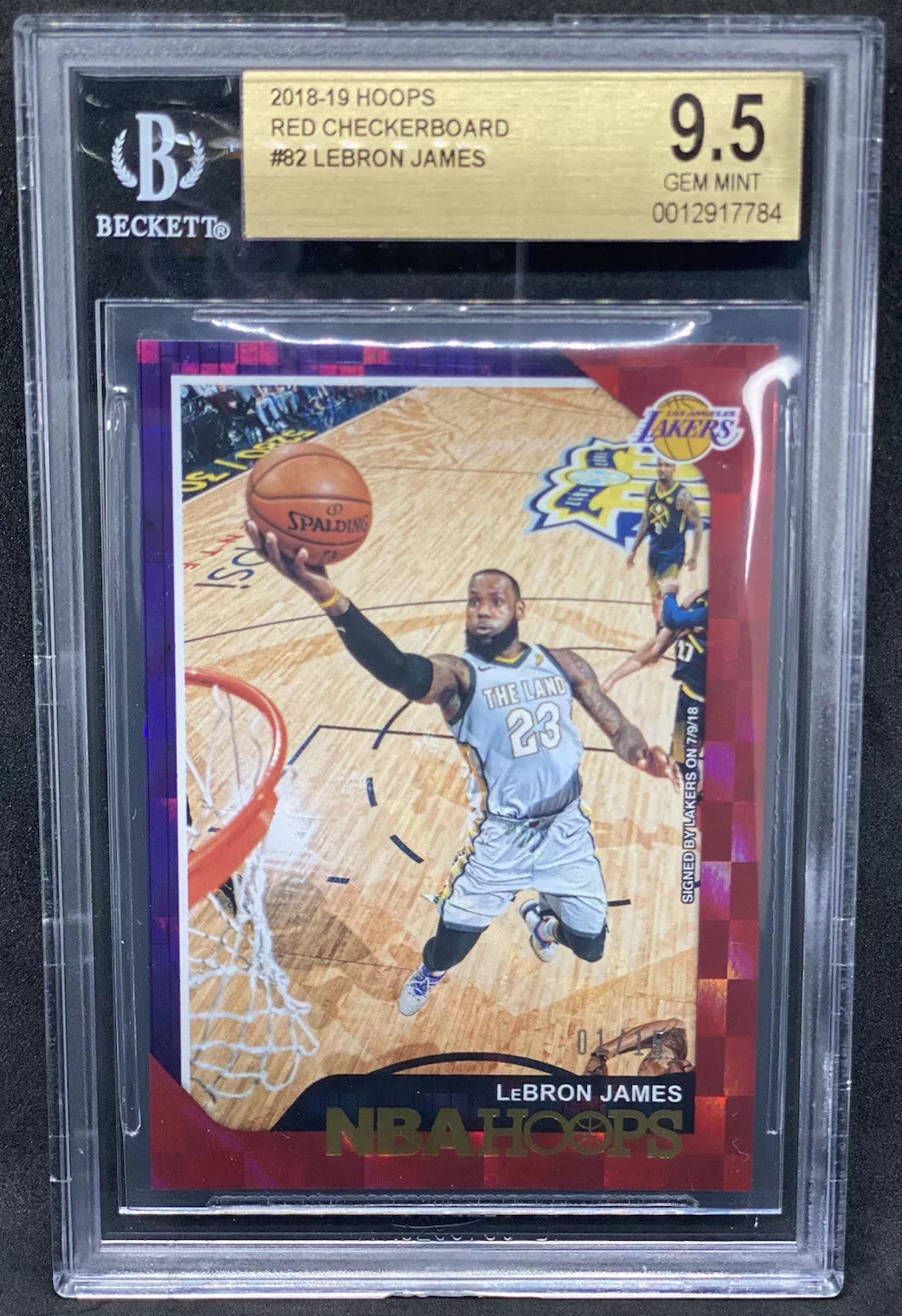 A red checkerboard Panini NBA Hoops card featuring LeBron James dunking in a Cleveland Cavaliers "The Land" jersey, graded 9.5 GEM MINT by Beckett.