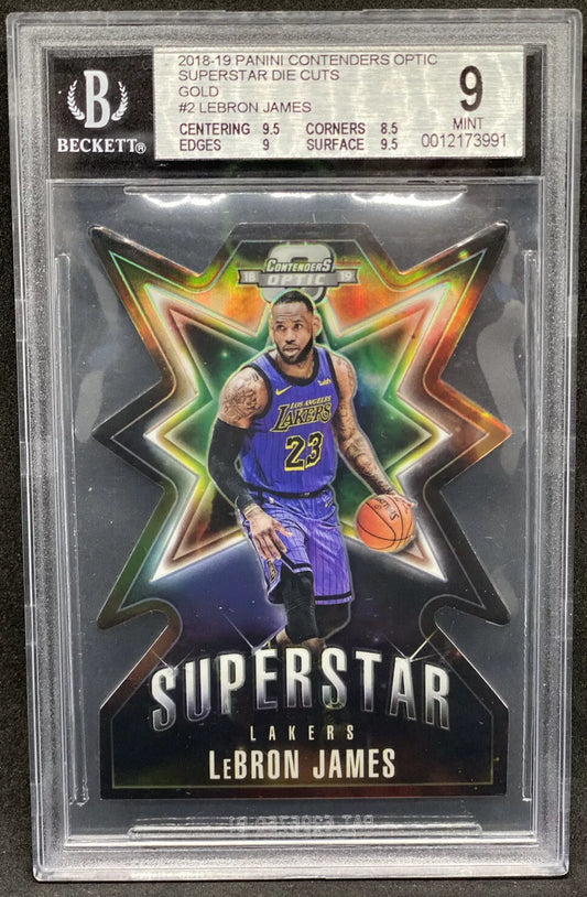 A die-cut gold Prizm card featuring LeBron James in a Lakers uniform, with a star-shaped background design, graded 9 MINT by Becket