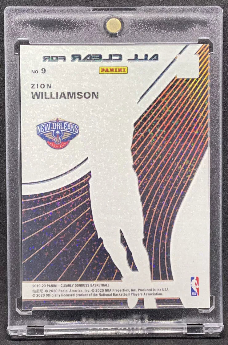 "Back of the 2019-20 Panini Donruss Clearly All Clear for Takeoff Holo Gold Sparkle Zion Williamson Rookie Card with his name, team, and jersey number displayed alongside the Pelicans logo."