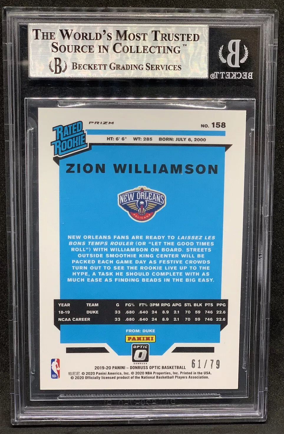 2019-20 Panini Donruss Optic Pink Velocity Zion Williamson #158, graded 9 MINT by Beckett (BGS). A limited edition rookie card, featuring Zion in his Pelicans uniform, numbered 61/79.