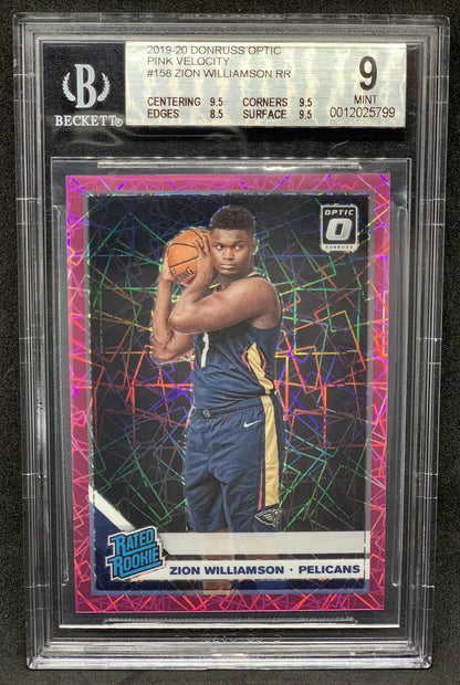 A Pink Velocity Donruss Optic card featuring Zion Williamson in a New Orleans Pelicans uniform, graded 9 MINT by Beckett.