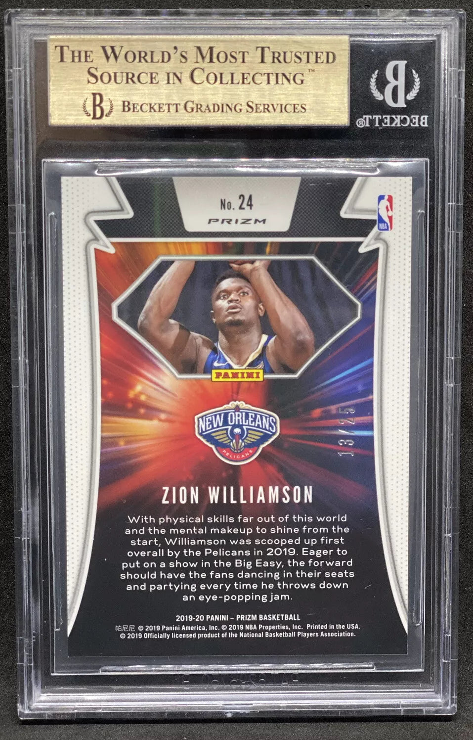 "Back of the 2019-20 Panini Prizm Far Out Mojo Zion Williamson Rookie Card, featuring his player biography and New Orleans Pelicans logo, serial numbered 13/25."