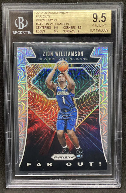 "2019-20 Panini Prizm Far Out Mojo Zion Williamson Rookie Card BGS 9.5 Gem Mint, featuring Zion in a dunking pose with a holographic 'Mojo' design and the words 'Far Out!' in bold at the bottom."