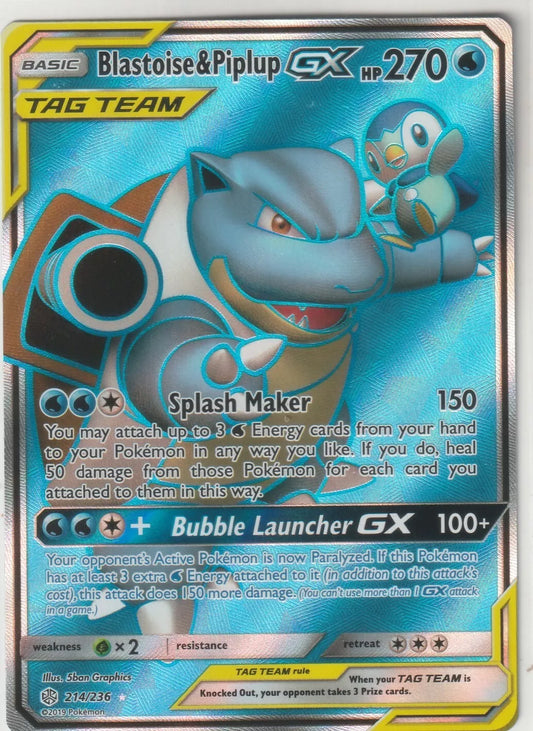 2019 Pokemon Cosmic Eclipse Full Art Foil 214/236 Blastoise & Piplup Tag Team GX