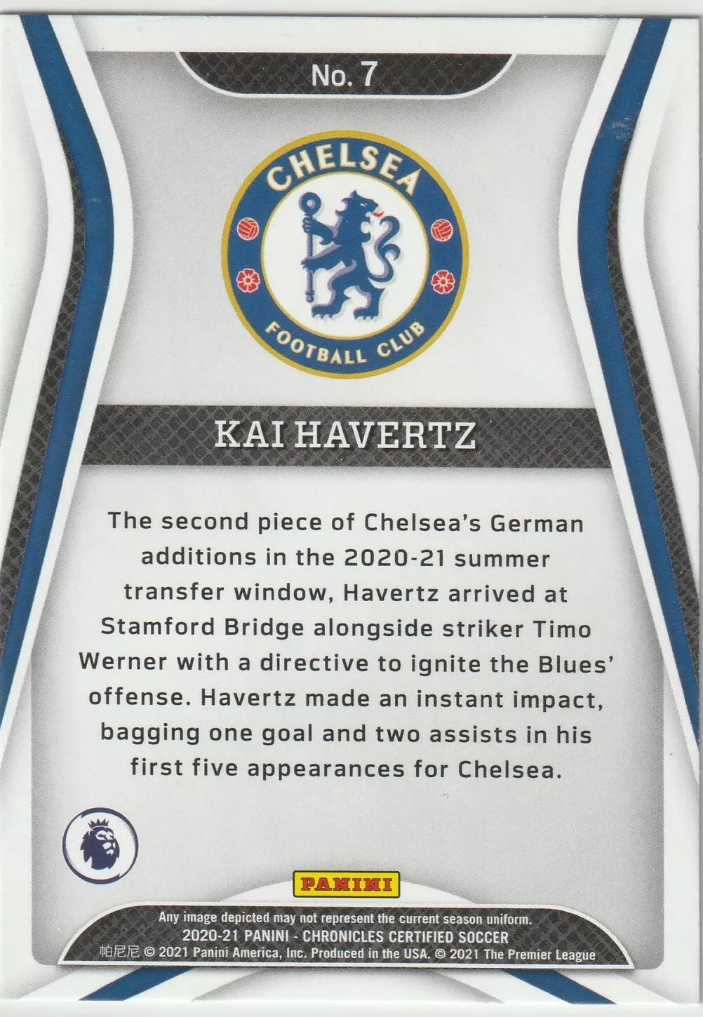 Overview of Kai Havertz’s impact at Chelsea during the 2020-21 season, including his early goal and assists, on a Panini Chronicles Certified card with the Chelsea crest.
