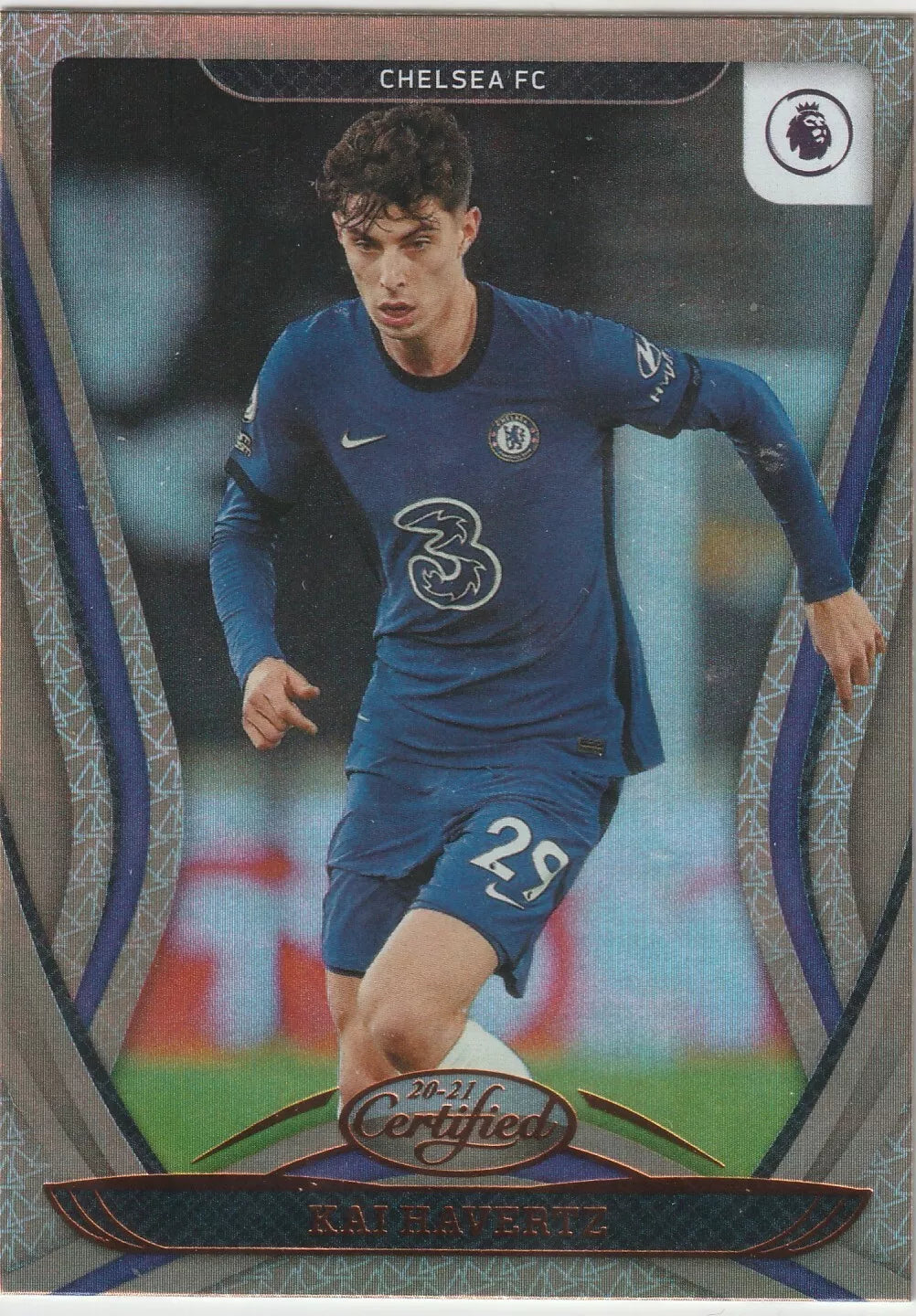 Kai Havertz in Chelsea blue kit, Panini Chronicles Certified card design, featuring Premier League logo and 2020-21 Certified branding.