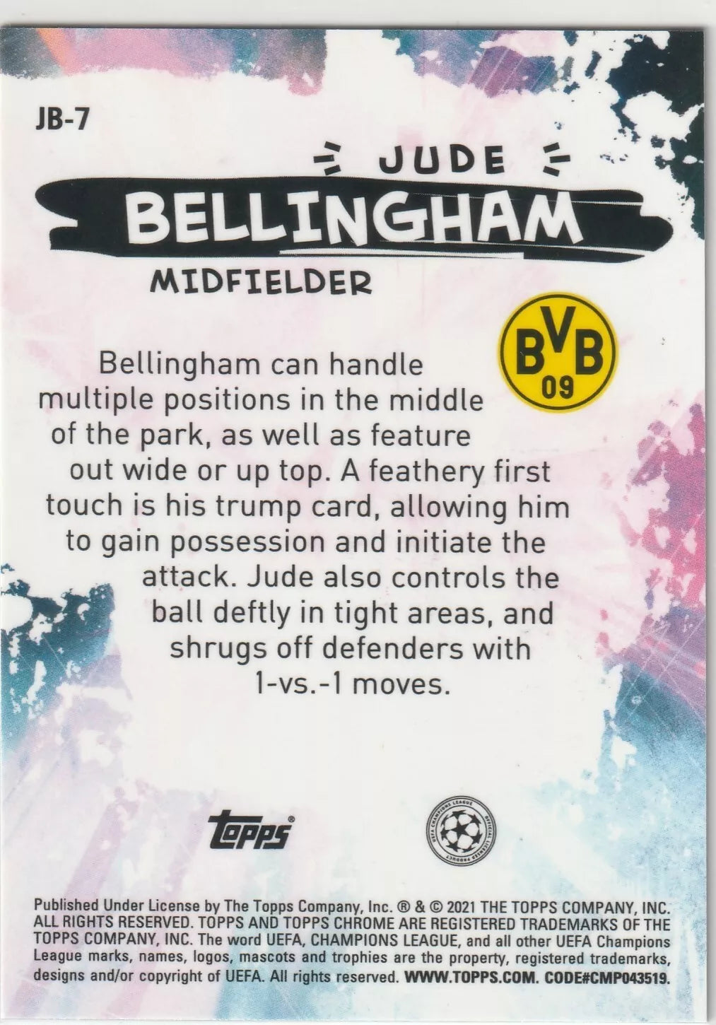 Analysis of Jude Bellingham's playing style on his Topps Chrome Joga Bonito rookie card, highlighting versatility, ball control, and skill in 1-vs.-1 situations.