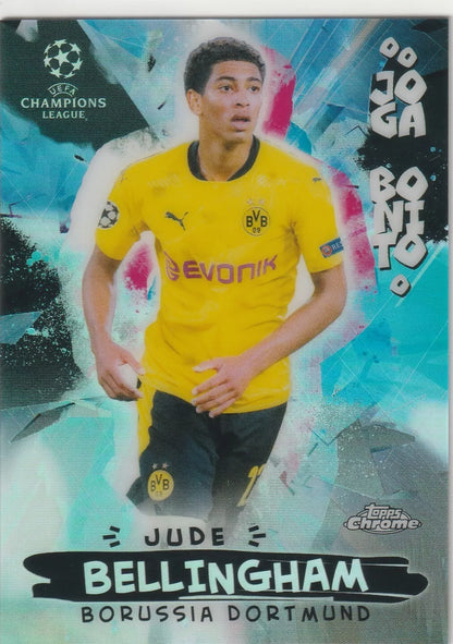 Jude Bellingham in Borussia Dortmund yellow kit, Topps Chrome Joga Bonito rookie card design, featuring abstract colorful background and UEFA Champions League logo.