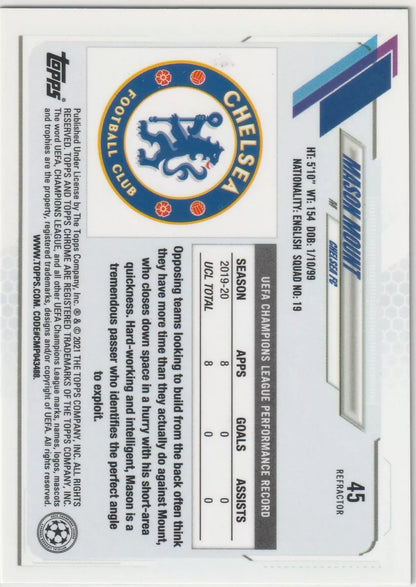 Player statistics and bio for Mason Mount on his Topps Chrome silver refractor card, including UEFA Champions League performance record and description of playing style.
