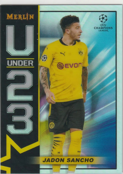 Jadon Sancho in yellow Borussia Dortmund kit, Topps U23 insert card design, featuring U23 logo and Champions League badge.