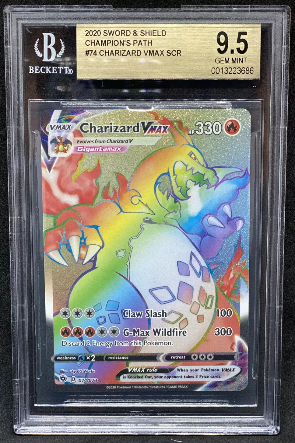 Charizard VMAX in Gigantamax form, Sword & Shield Champion’s Path Secret Rare card design with rainbow holographic pattern, graded 9.5 by Beckett Grading Services.