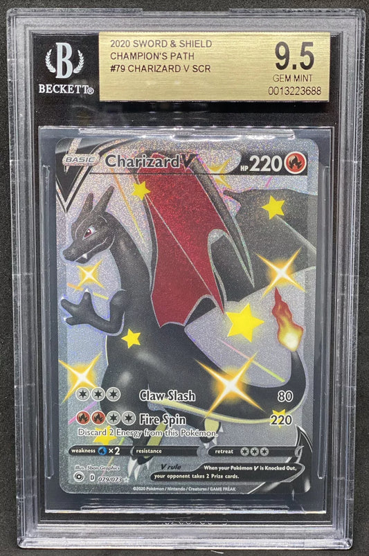 Charizard V in a holographic star pattern background, Sword & Shield Champion’s Path Secret Rare card design, graded 9.5 by Beckett Grading Services.
