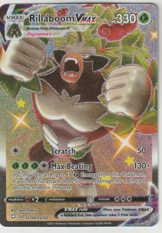 2021 Pokemon Shining Fates Rainbow Secret Rare Full Art SV106 Rillaboom VMAX NM