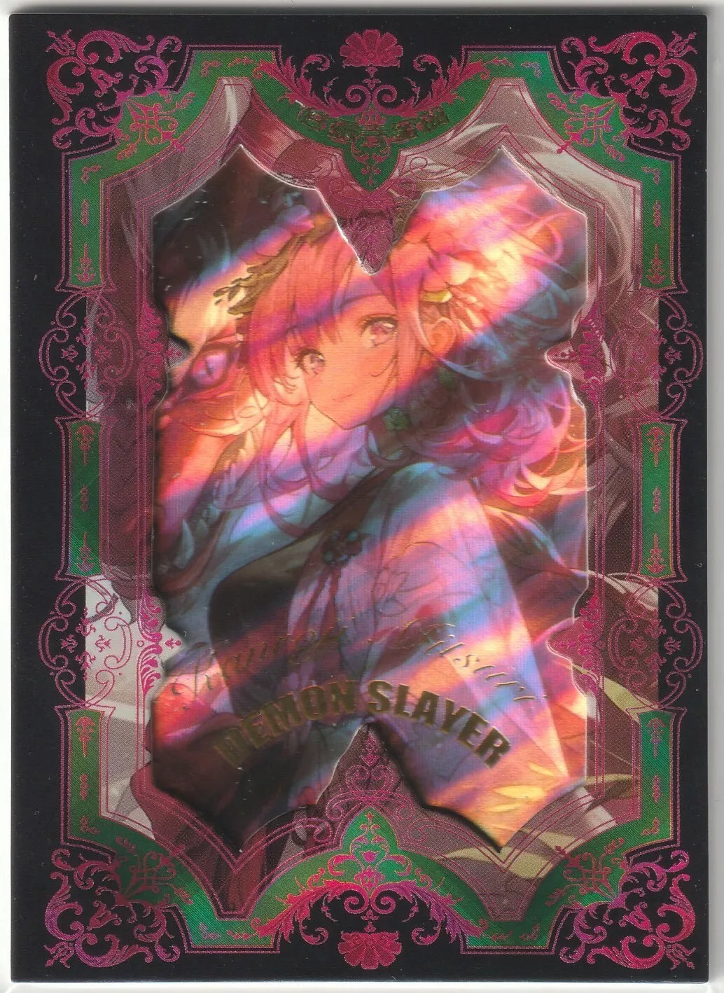  Kanroji Mitsuri in a beautifully detailed holographic portrait, surrounded by an ornate red and green frame, from the Demon Slayer CH-05 rare card series.