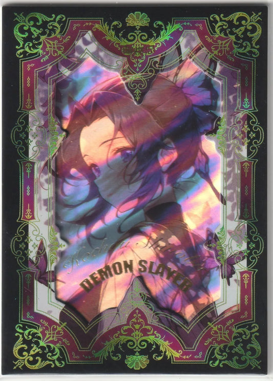 A radiant holographic portrait of Shinobu Kocho from Demon Slayer, surrounded by an ornate red and green frame, featured on the CH-06 rare card.