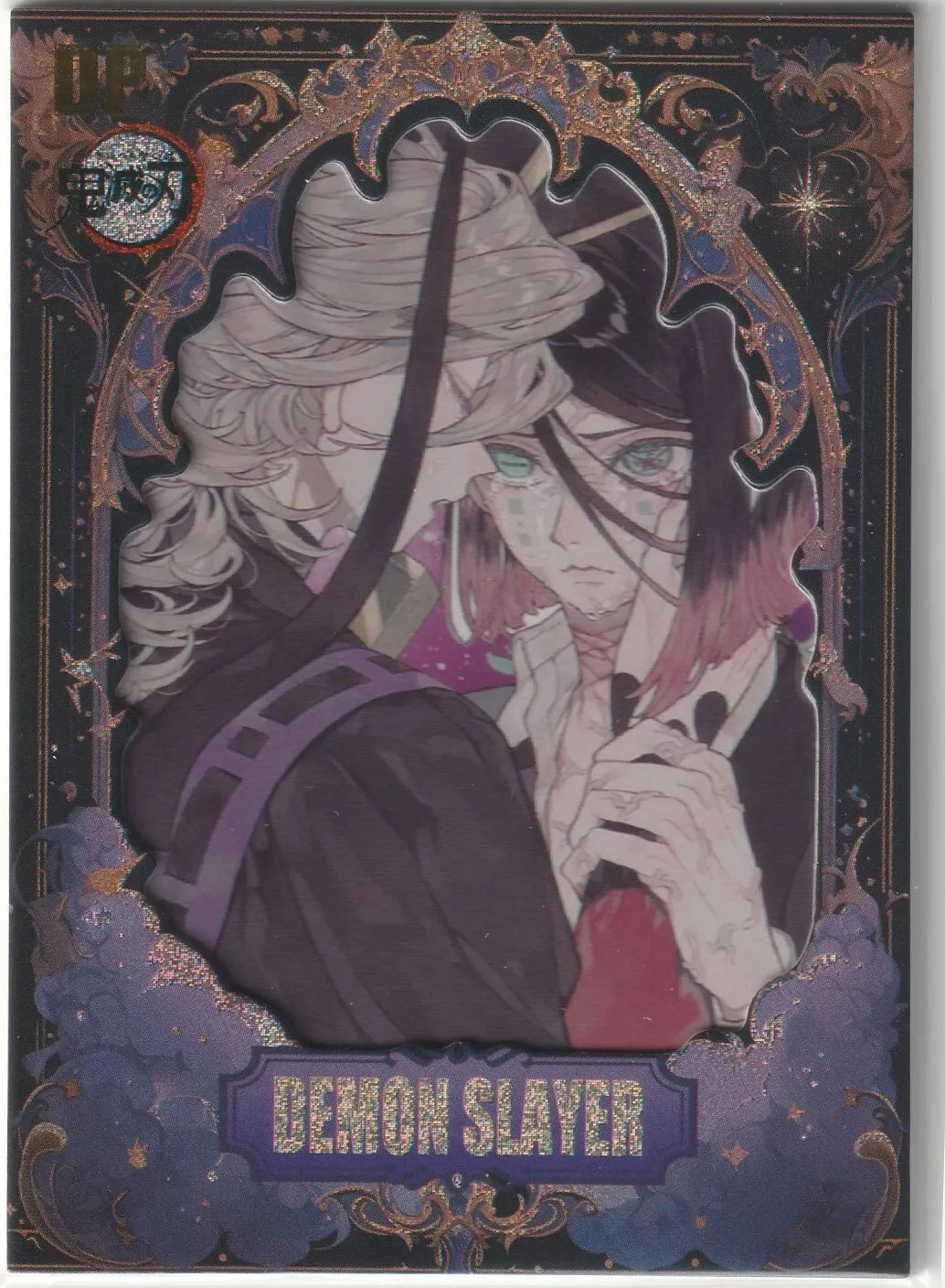 Rui and Enmu from Demon Slayer, surrounded by an intricate purple and gold frame, featured on a holographic DP KC-02 rare card from the Mugen Train arc.