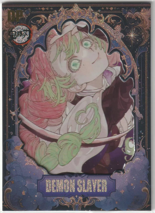  Kanroji Mitsuri, the Love Hashira, is depicted with flowing pink and green hair, surrounded by an ornate purple and gold frame on the DP KC-08 rare card.