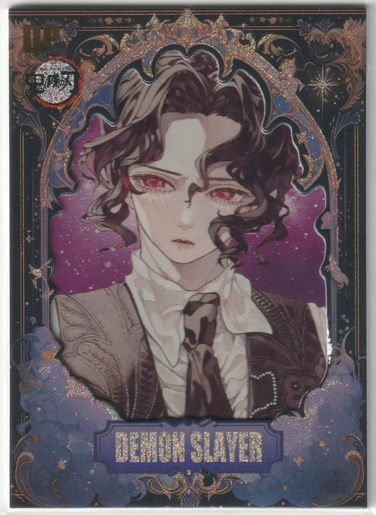 A detailed holographic card of Muzan Kibutsuji, the Demon King, from the Demon Slayer series, depicted in a formal outfit with a dark, starry background and elegant holo framing.