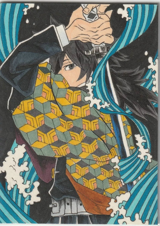 A hand-drawn sketch of Giyu Tomioka, the Water Hashira, from Demon Slayer in mid-action with swirling water effects around him, wearing his signature haori.