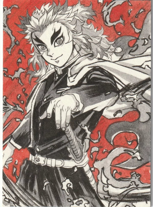 A hand-drawn sketch of Kyojuro Rengoku, the Flame Hashira from Demon Slayer, holding his katana with a red fiery background, emphasizing his intense and charismatic presence.