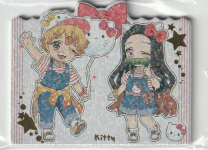 Zenitsu and Nezuko from Demon Slayer dressed in Hello Kitty-themed outfits, holding a Hello Kitty balloon with star embellishments.