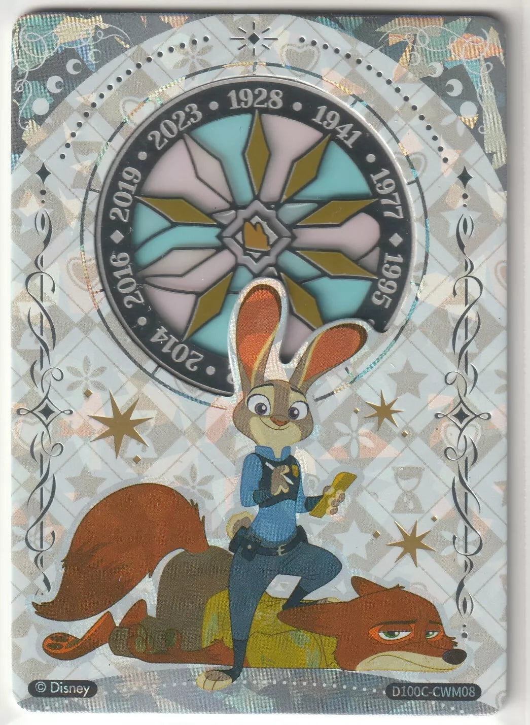 Disney 100 CardFun Judy Hopps stained glass foil card featuring Judy Hopps and Nick Wilde from Zootopia.