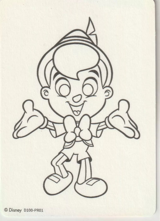 Disney 100 CardFun Pinocchio color-your-own card, featuring an outline of Pinocchio for fans to color.

