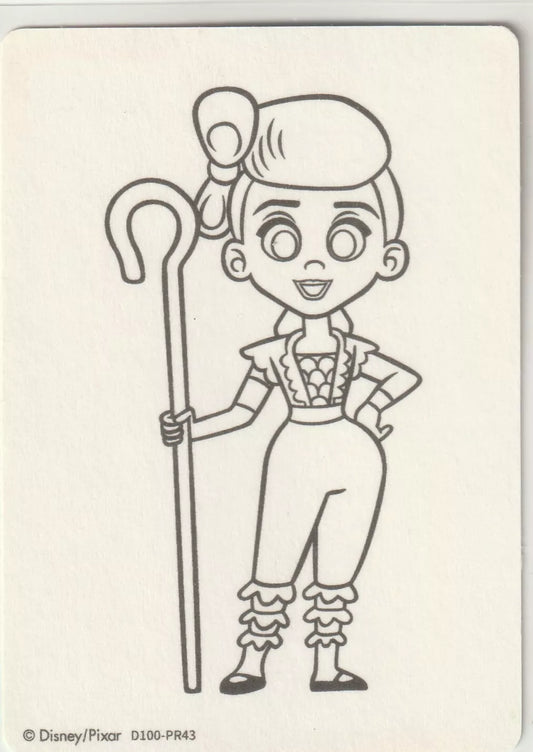 Line art of Bo Peep holding her shepherd’s crook from Toy Story on a Disney 100 "Color Your Own" card.