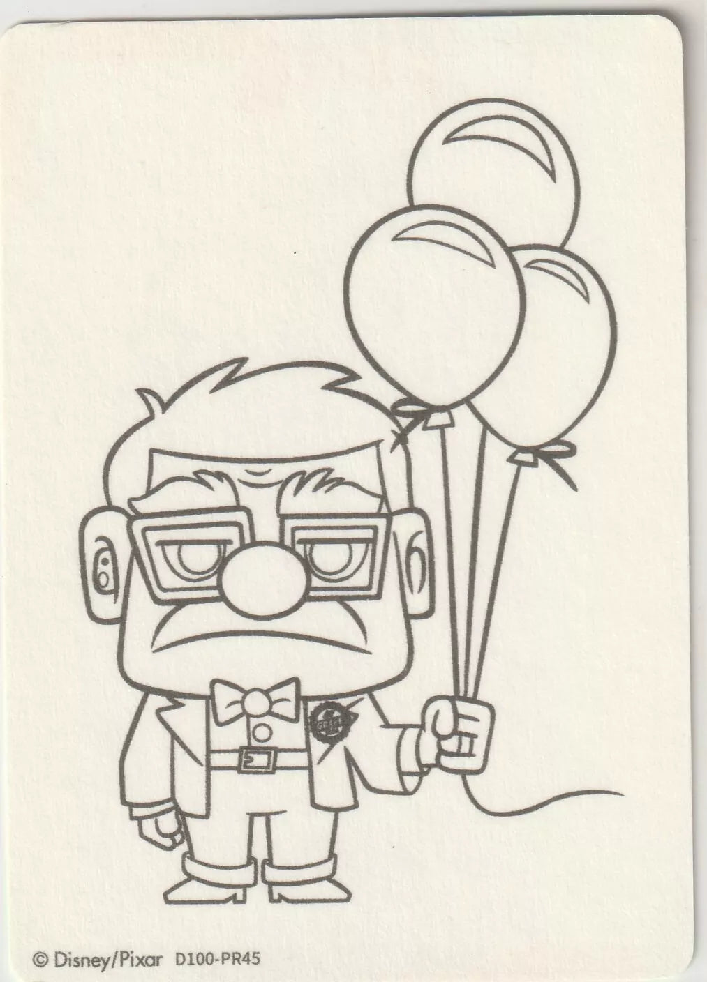 Outline of Carl Fredricksen holding balloons, Disney 100 series.