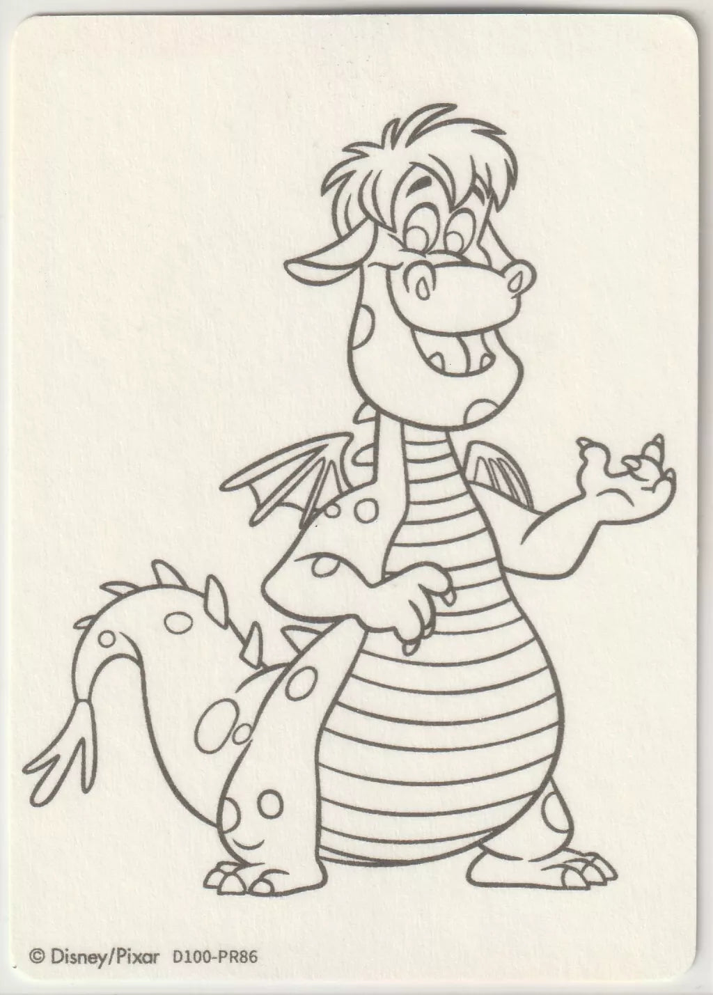 "Outline illustration of Elliott from Pete’s Dragon, smiling with his spotted body and wings."