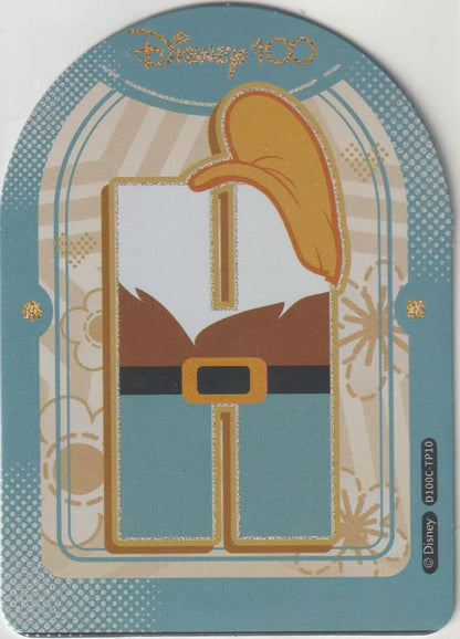 Disney 100 Alphabet Sticker featuring the letter 'H' for Happy from Snow White and the Seven Dwarfs. The design includes Happy's brown hat and blue outfit with a belt, set against a soft blue background.