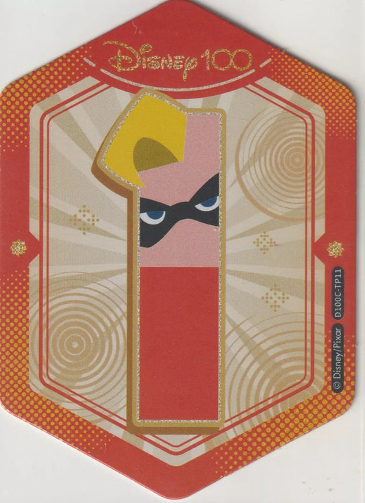 Disney 100 Alphabet Sticker featuring the letter 'I' for Mr. Incredible from The Incredibles. The design features Mr. Incredible’s blonde hair and superhero suit, set against a red and gold background.