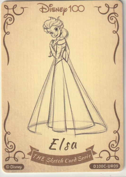 Disney 100 Sketch Card featuring Elsa from Frozen. The card showcases a pencil-style drawing of Elsa in her iconic gown, with an elegant border and vintage sketch design