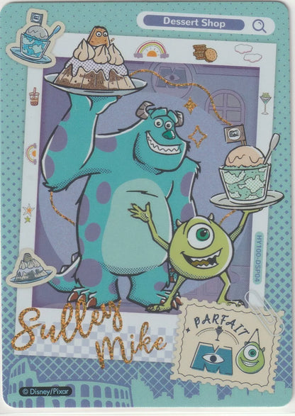 Disney 100 Dessert Shop Sticker featuring Sulley and Mike from Monsters, Inc. Sulley holds a large dessert while Mike carries a dish of ice cream, set against a colorful background with dessert items and whimsical details.