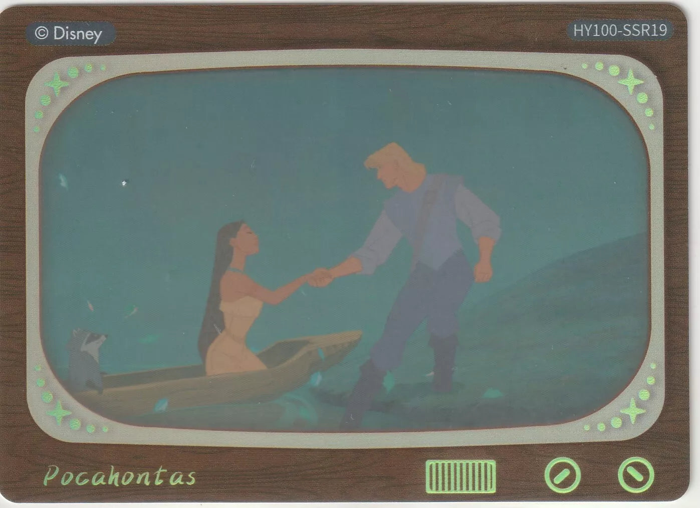 Disney 100 Television Insert Sticker featuring Pocahontas and John Smith. The scene shows Pocahontas in a canoe holding hands with John Smith on a shore, framed by a retro TV design with wood accents.