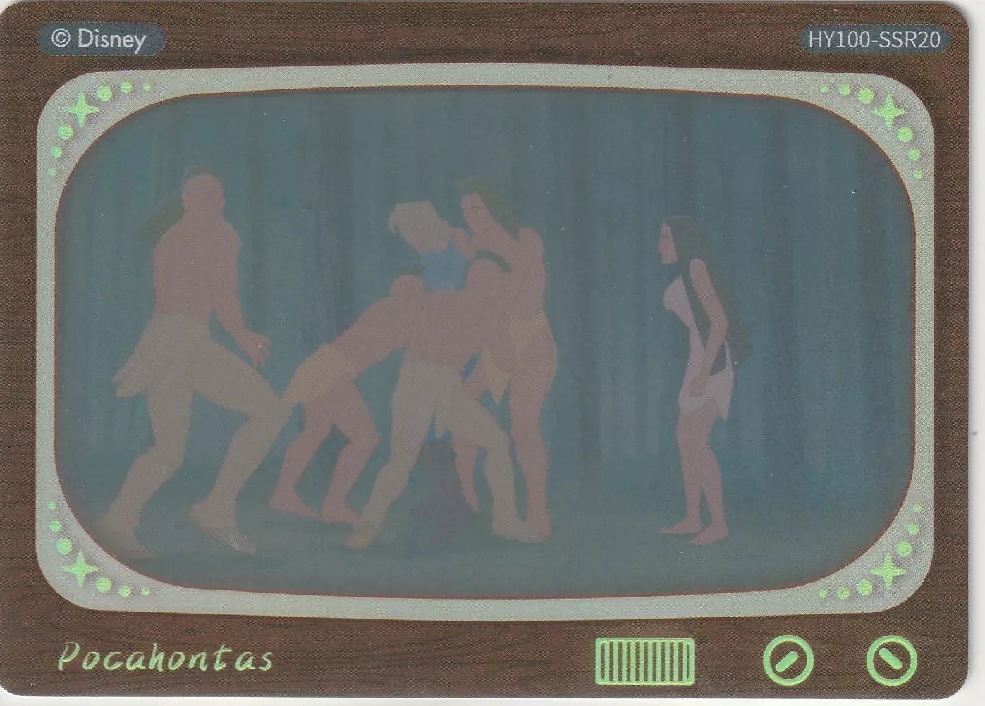 Disney 100 Television Insert Sticker featuring an intense scene from Pocahontas. The design shows a struggle between John Smith and Pocahontas' tribe, framed within a retro TV set with wood accents and green glowing details.