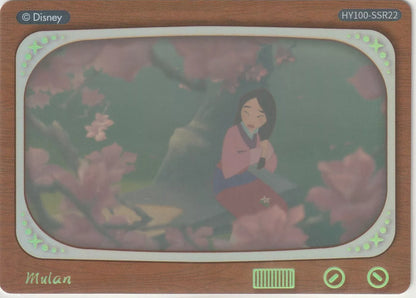 Disney 100 Television Insert Sticker featuring Mulan sitting under a cherry blossom tree. The scene is framed within a retro TV design with wood accents and glowing green lights.