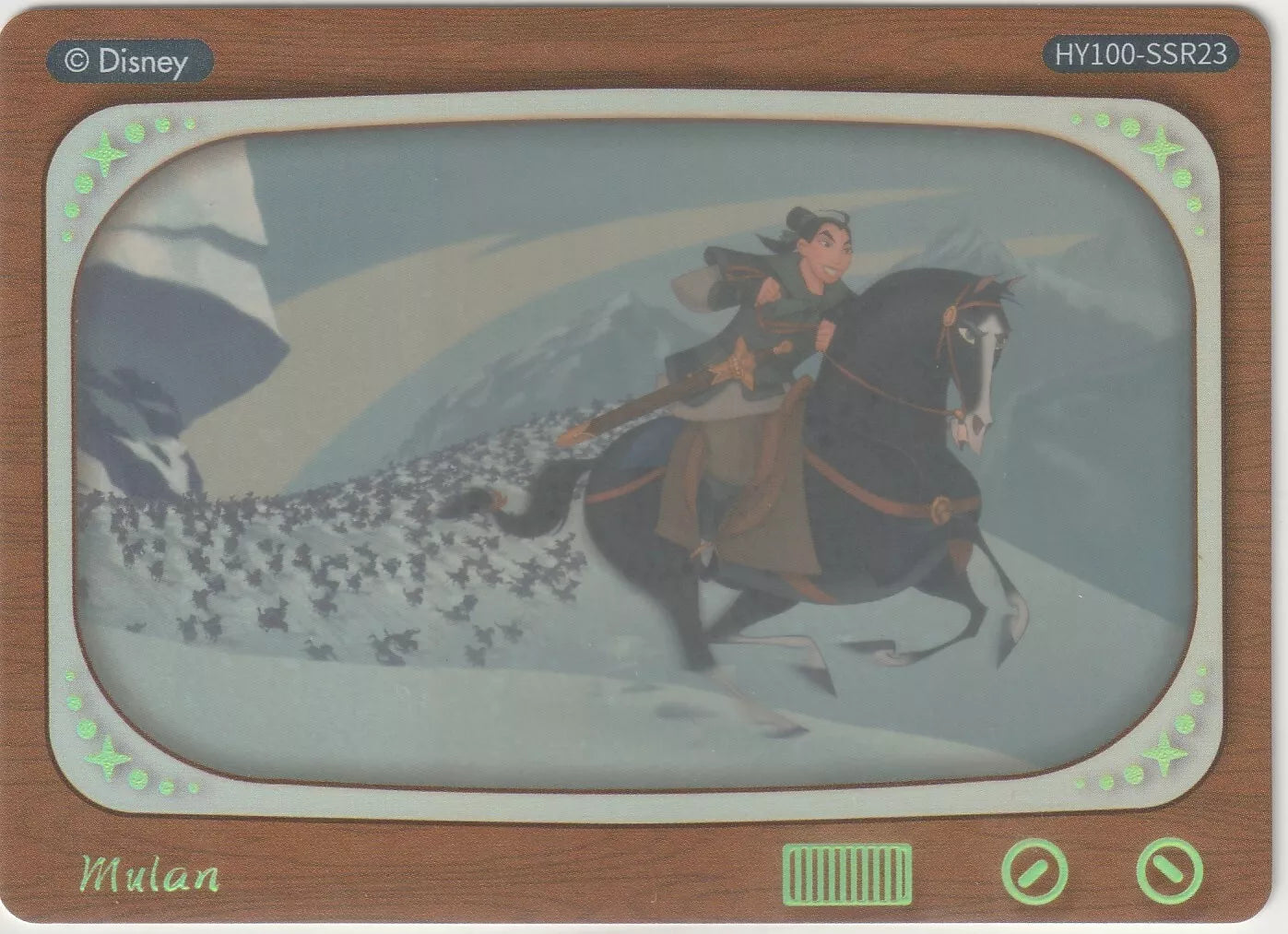 Disney 100 Television Insert Sticker featuring Mulan riding horseback across the snowy mountains, framed within a retro TV set with wood accents and glowing green lights.