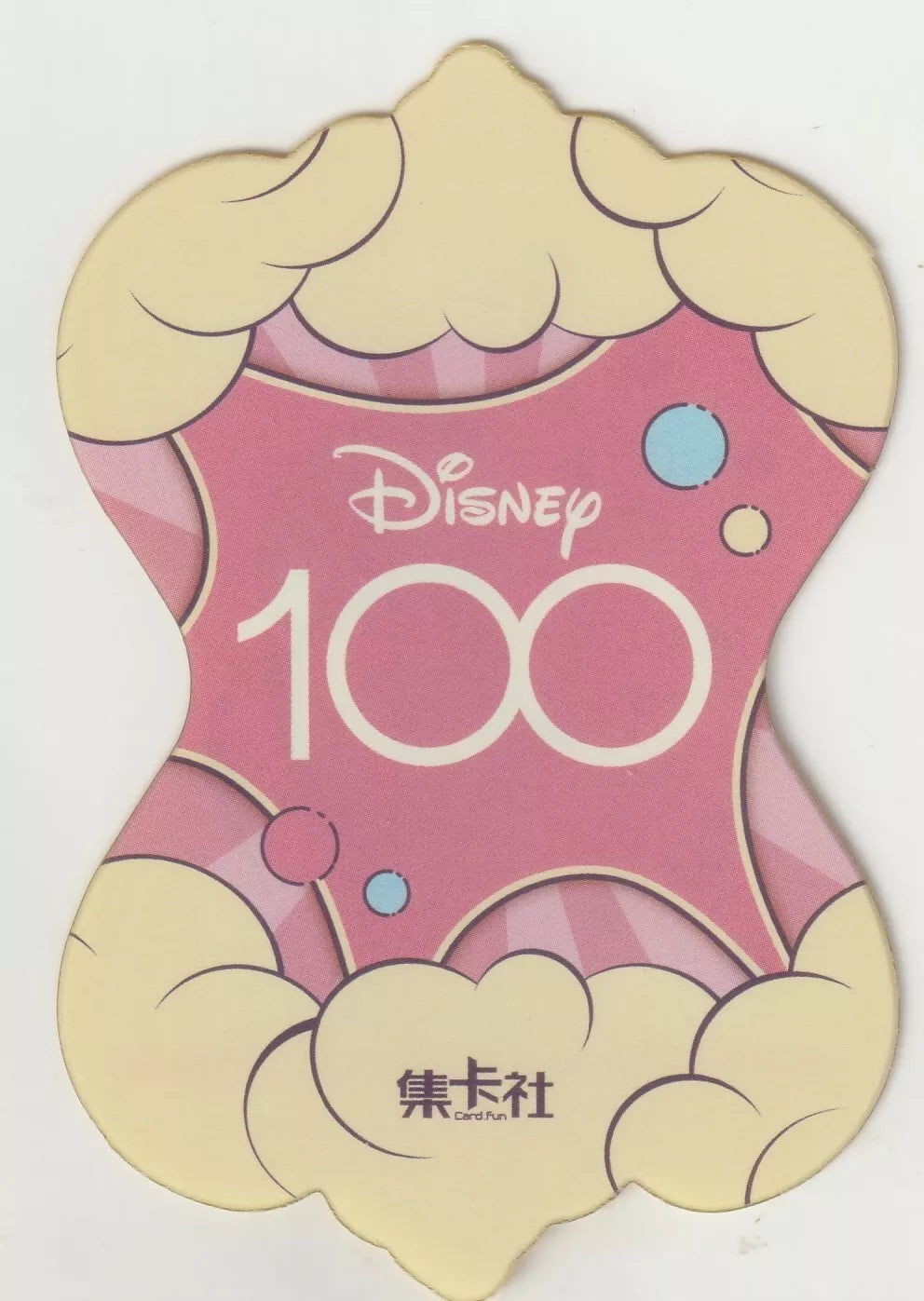 Pink Disney 100 logo background with puffy white clouds and bubbles.