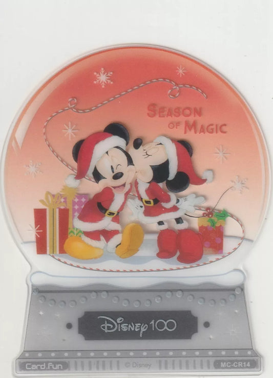 Disney 100 Acetate Die Cut Snow Globe with Mickey and Minnie in Santa outfits celebrating Christmas.