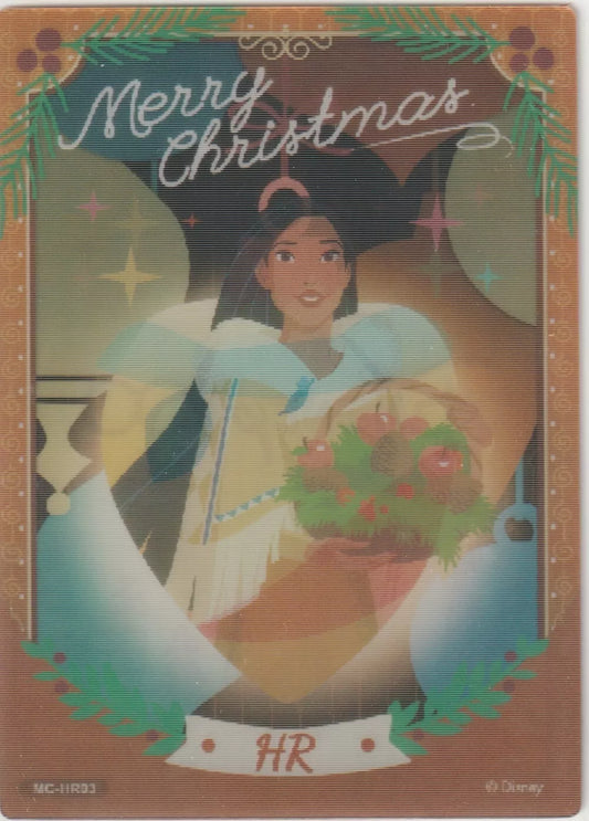 Lenticular card featuring Disney’s Pocahontas holding a festive bouquet with "Merry Christmas" text above, surrounded by holiday-themed designs and ornaments.