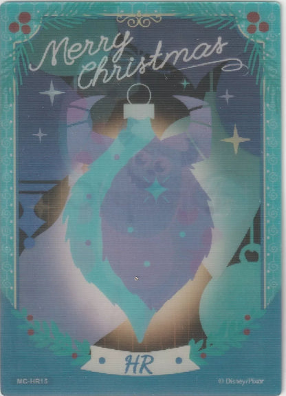 Lenticular card showing Sulley inside a blue Christmas ornament, framed by festive decorations and "Merry Christmas" text.