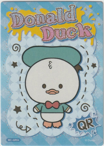 Chibi-style Donald Duck in his classic outfit with a festive winter-themed background, along with playful designs and glittery "Donald Duck" text.