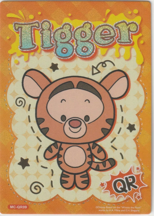 Chibi-style Tigger from Winnie the Pooh on a bright orange background with glittery text and playful designs