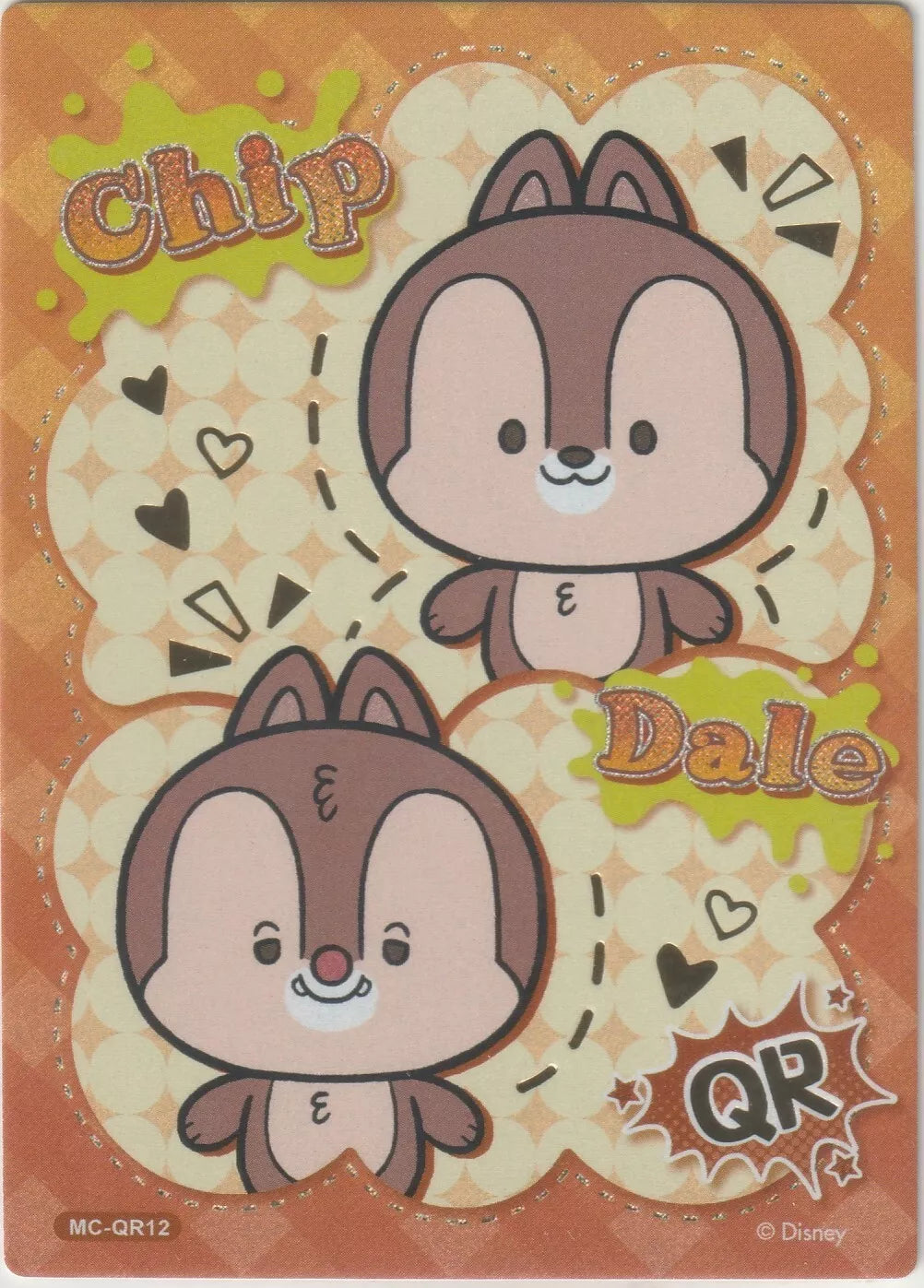 Chibi-style Chip and Dale on a playful orange background with glittery names and festive designs.