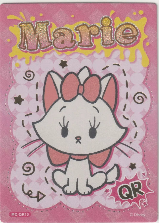 Chibi-style Marie from The Aristocats on a playful pink background with glittery "Marie" text and festive designs.