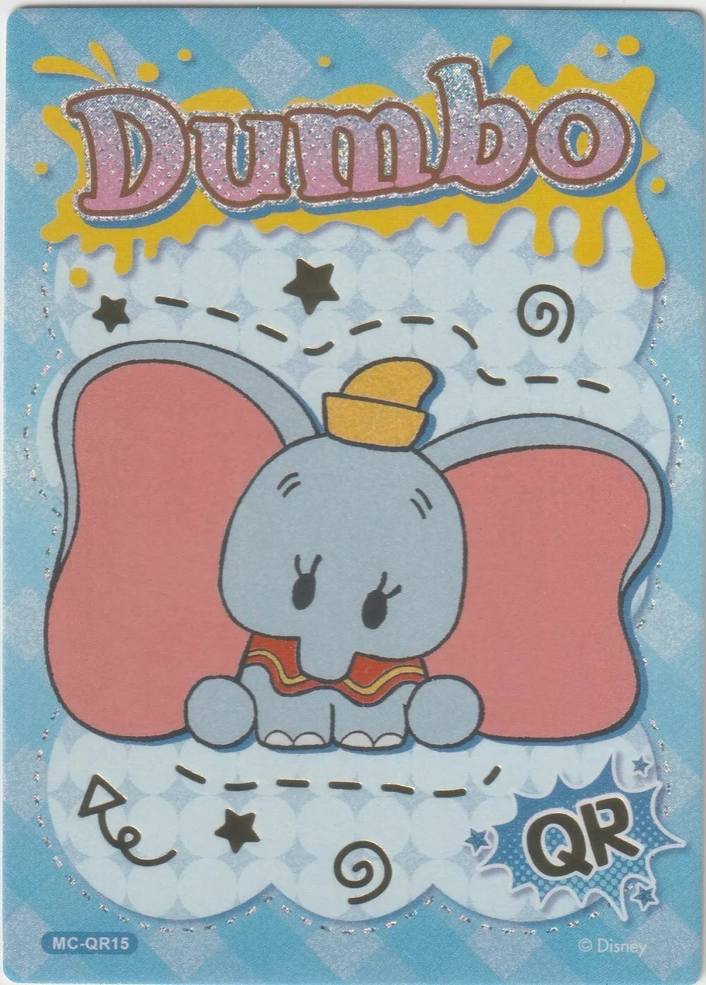 Chibi-style Dumbo sitting with his large pink ears, on a playful blue background with glittery "Dumbo" text and festive designs.