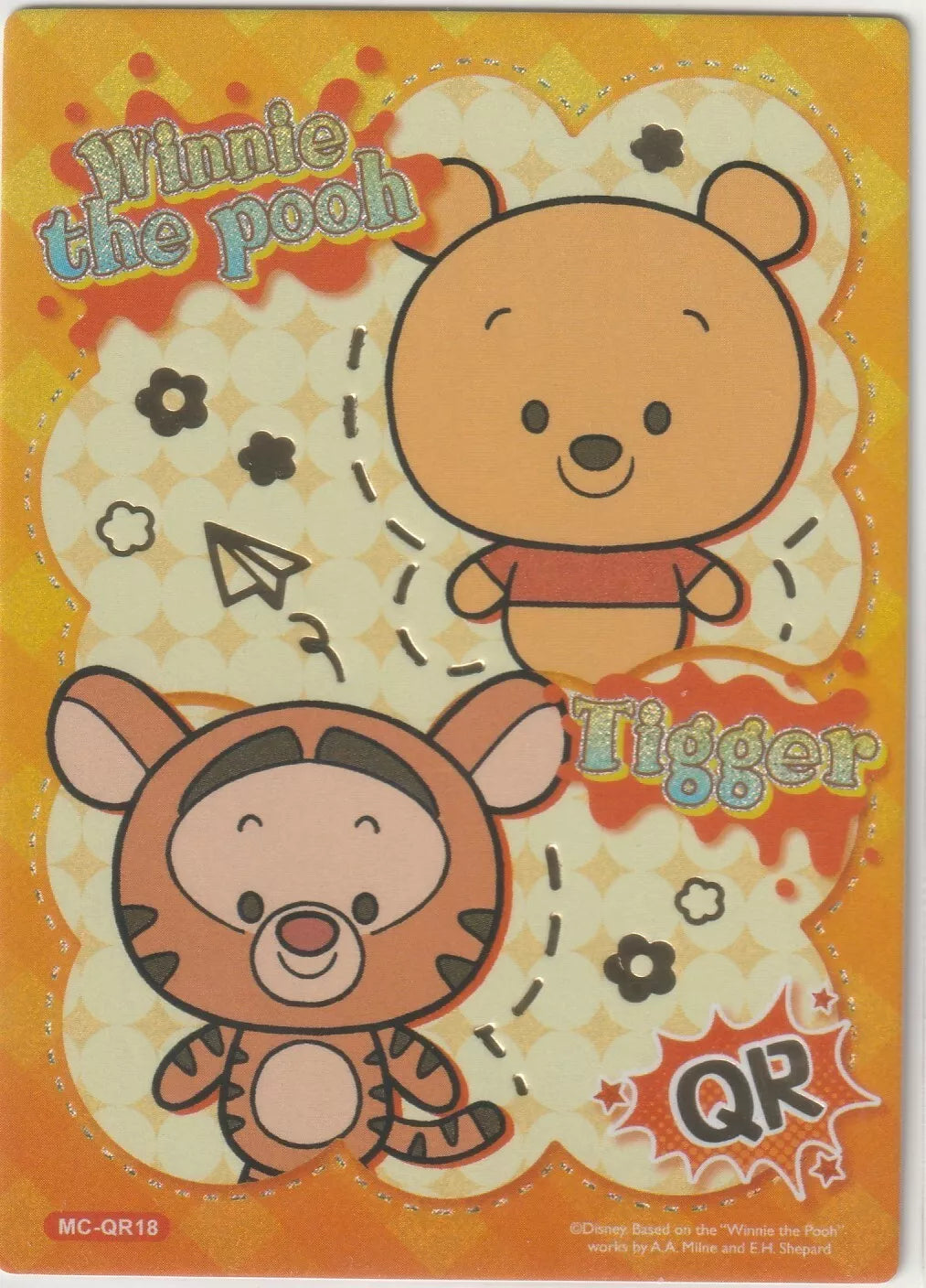 Chibi-style Winnie the Pooh and Tigger on a playful yellow background with glittery "Winnie the Pooh" and "Tigger" text and festive designs.