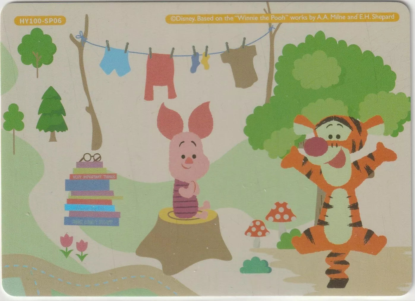 Piglet sitting on a tree stump and Tigger bouncing joyfully, with a clothesline and books in the background.