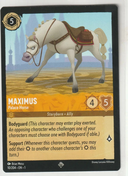 Disney Lorcana Maximus Palace Horse card front, showing an illustration of Maximus standing guard with quest and ability details.